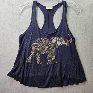 Free Kiss Elephant Foil Print Racerback Shirt Blue Gold Womens Size S